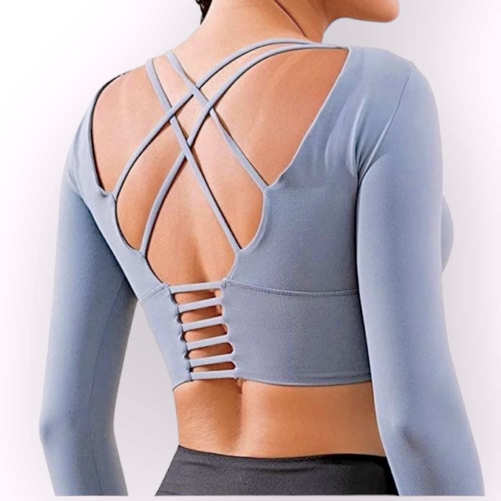 Ecupper cropped activewear long sleeve crisscross back